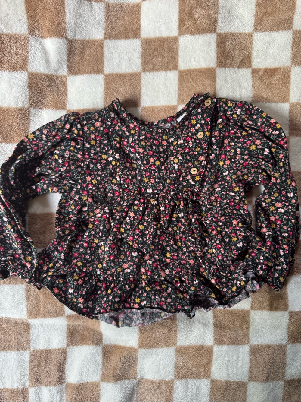 Zara Black Floral Long-Sleeve Peplum Top with Pink & Yellow Flowers